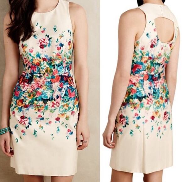 Maeve by Anthropologie Tea Garden Sheath Dress Cream Multi Women 2 Formal Classy - Picture 1 of 12